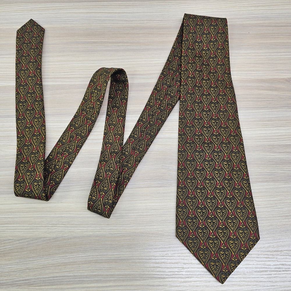 Neck Tie Mens PIATTELLI Red Gold Spade Damask Art Nouveau Silk 70s Boho‎ SPAIN